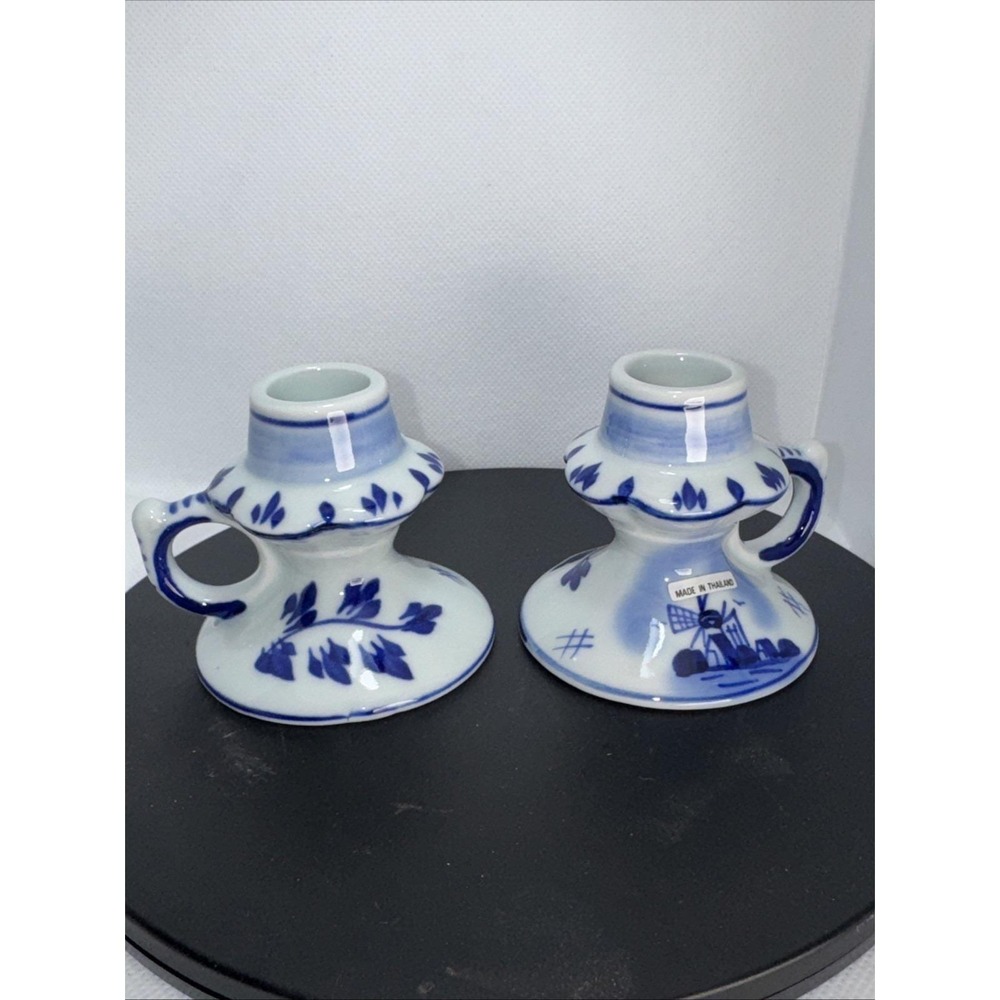 Pair of Hand Painted DELFT BLUE 2" Tall Candle Stick Holders Finger Handle